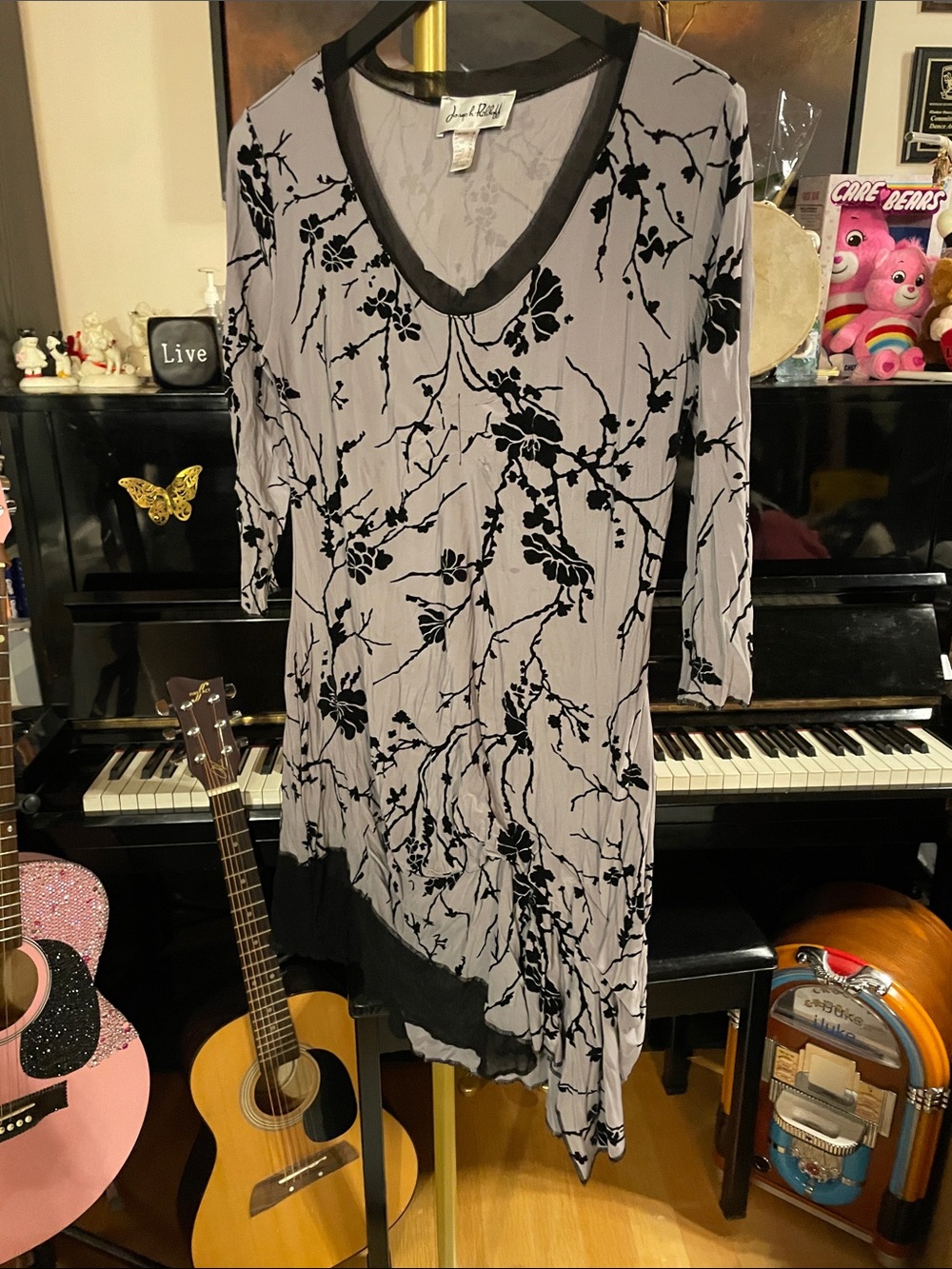 Joseph Ribkoff Black and Light Gray Floral Sheer Trim Dress